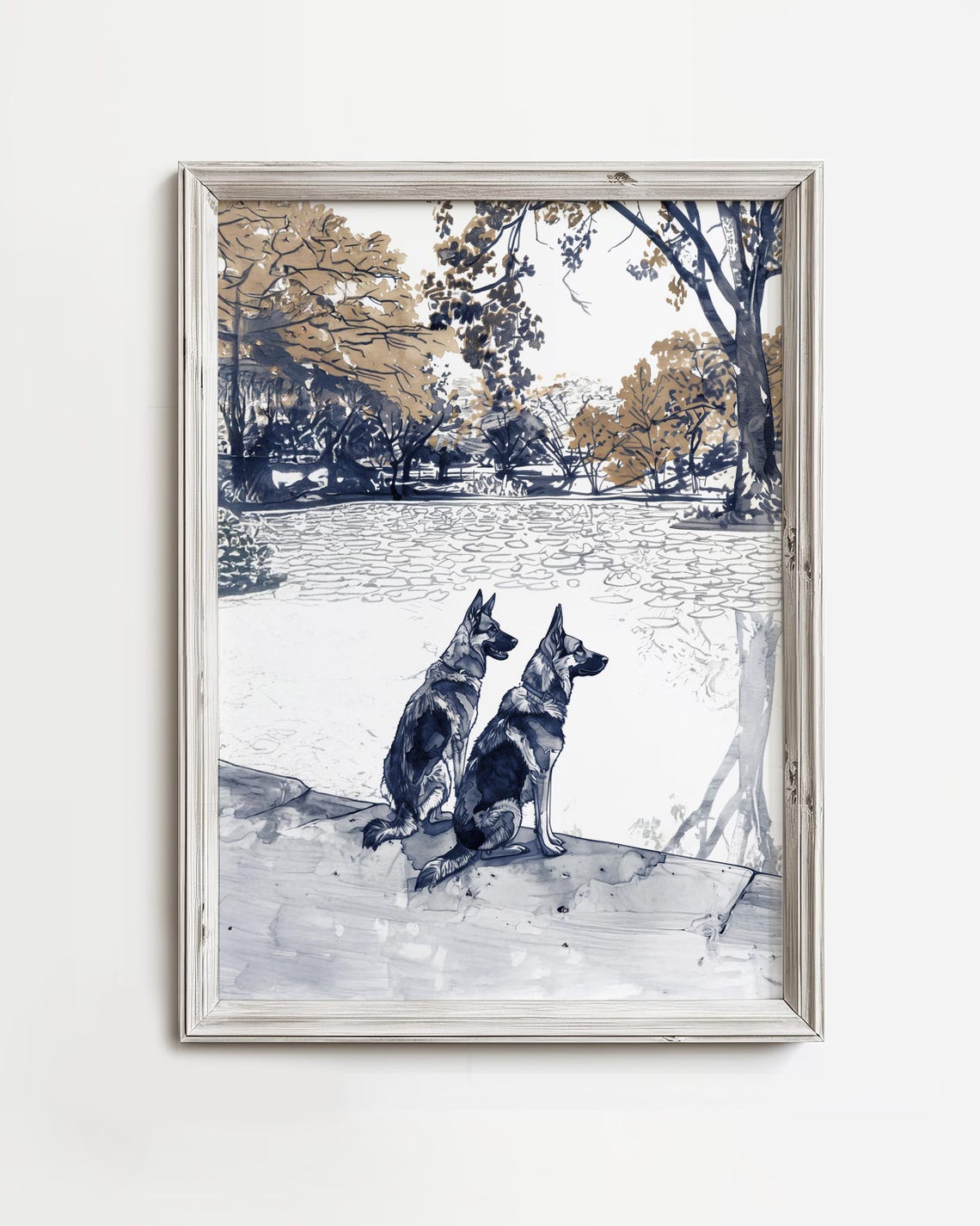 Two German Shepherds Autumn Park Sketch Poster Fall Dog Lovers Decor