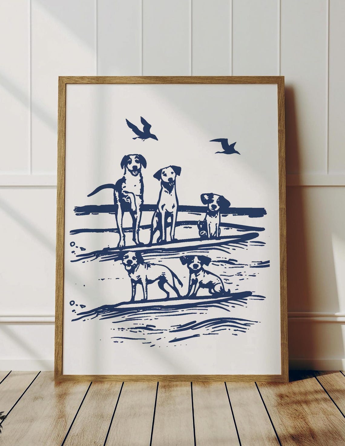 Surfing Dogs Beach Pups Navy Ink Sketch Coastal Fun Art Poster
