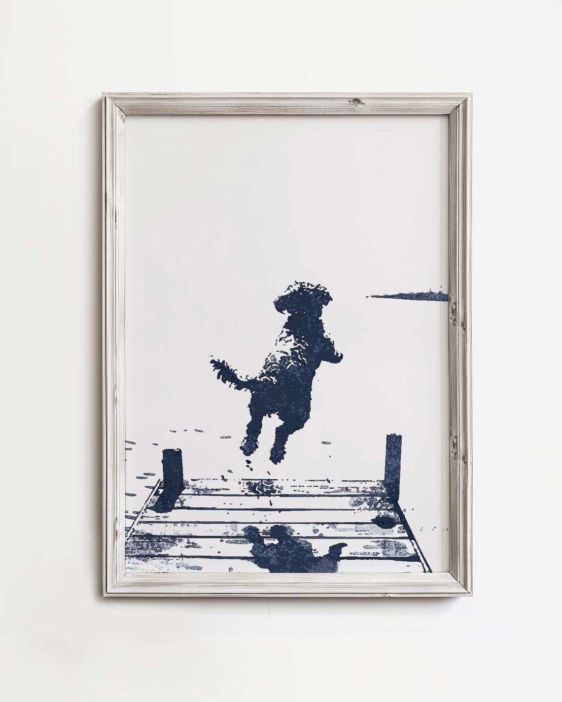 Happy Doodle Dog Jumps Dock Navy Brushstroke Beach Art Print