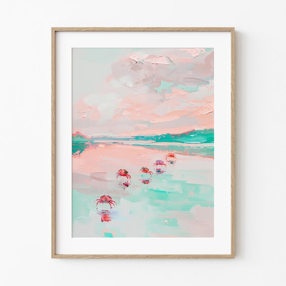 Red Crabs On Pastel Beach Impressionist Sea Life Painting Poster