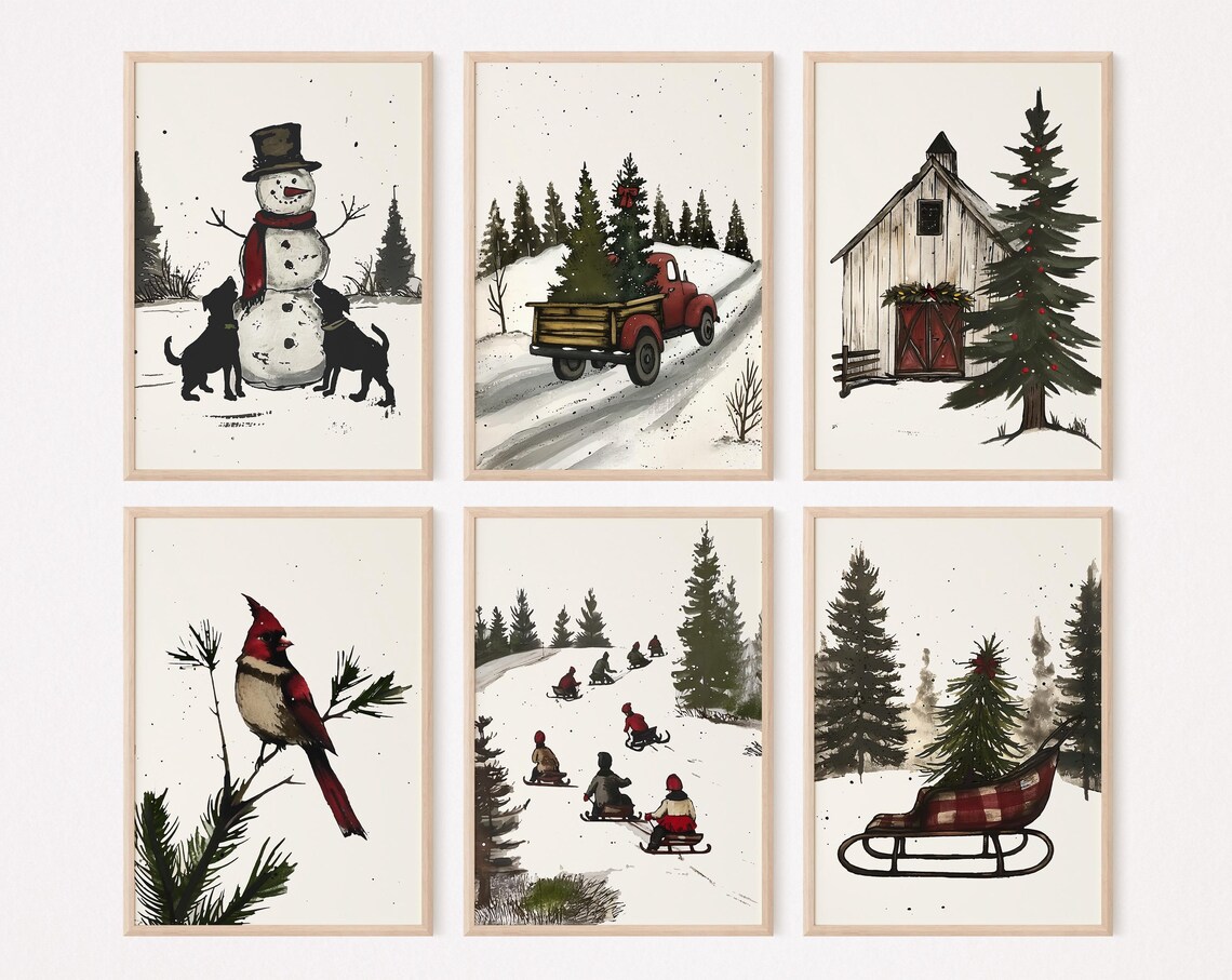 Vintage Farmhouse Christmas Set Of Six Snowy Scenes Wall Art