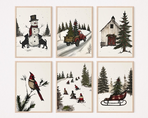 Vintage Farmhouse Christmas Set Of Six Snowy Scenes Wall Art