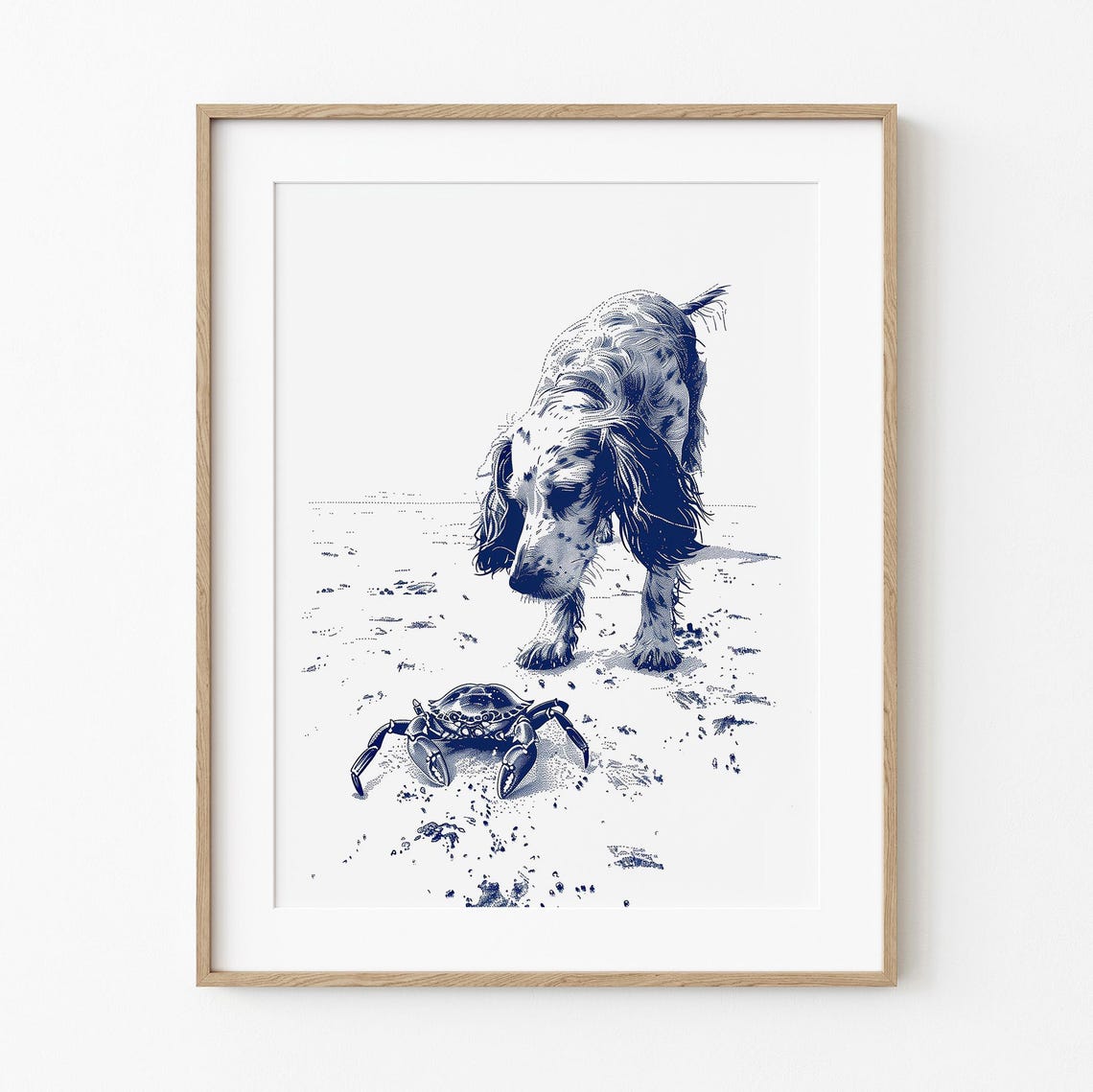 Cocker Spaniel Curious About Crab Beach Blue Sketch Coastal Poster