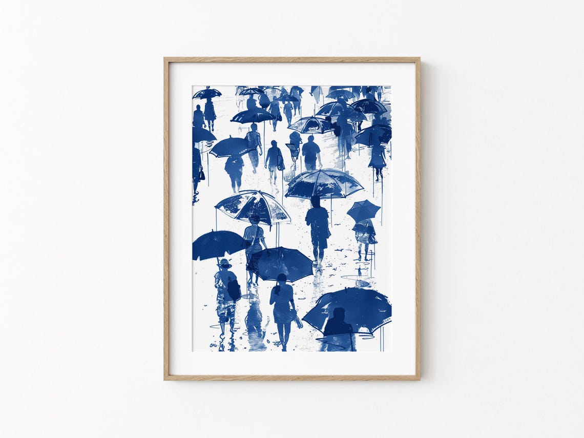 Beach Umbrella Crowd Navy Blue Watercolor Coastal Wall Poster
