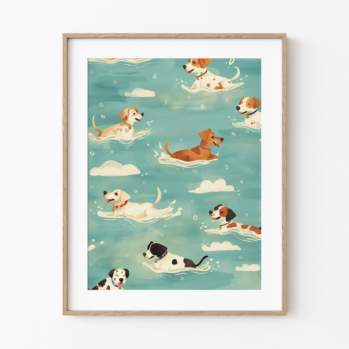 Happy Dogs Swimming Teal Water Playful Illustration Dog Lover Poster