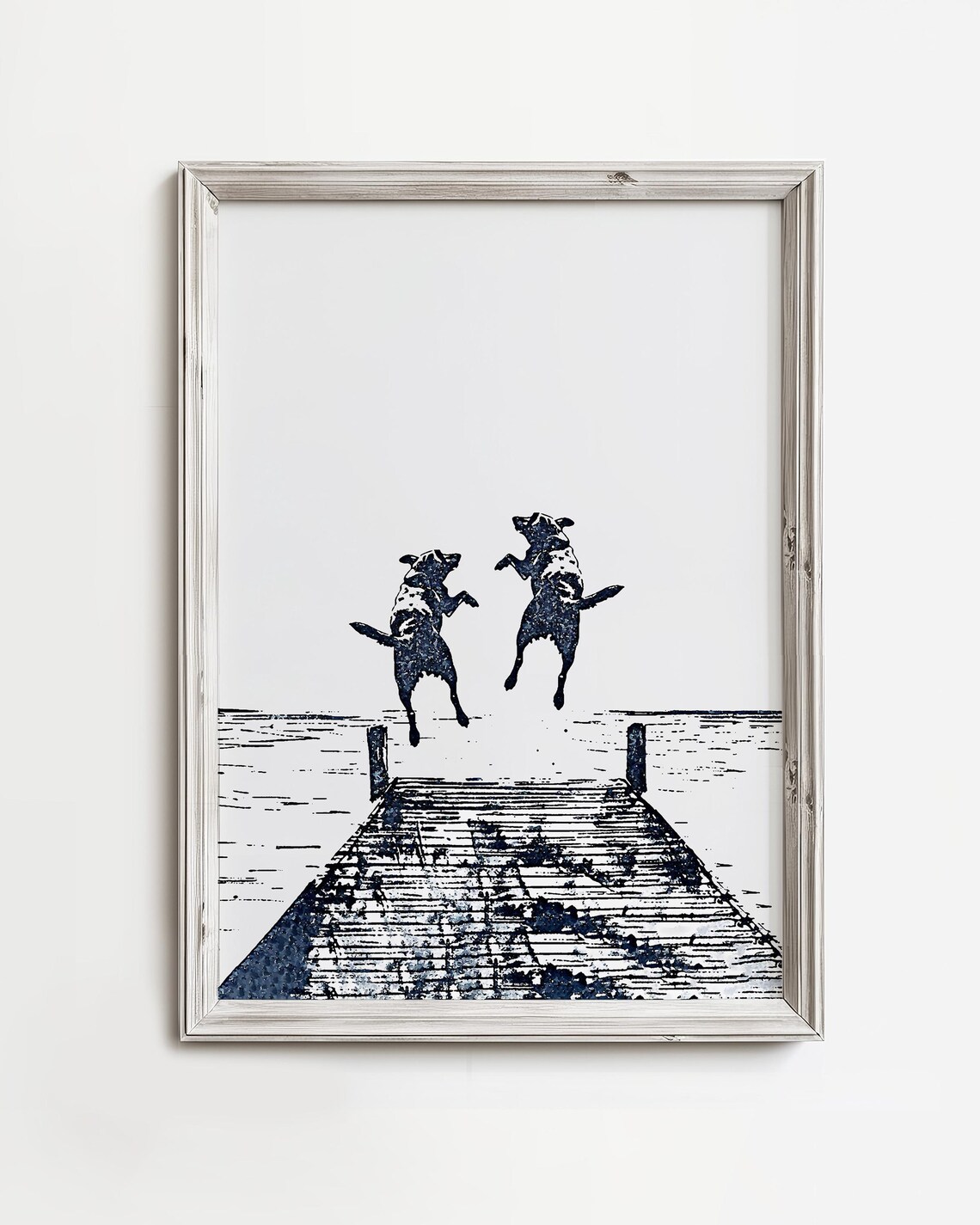 Two Happy Dogs Jumping Off Dock, Coastal Dog Art Print