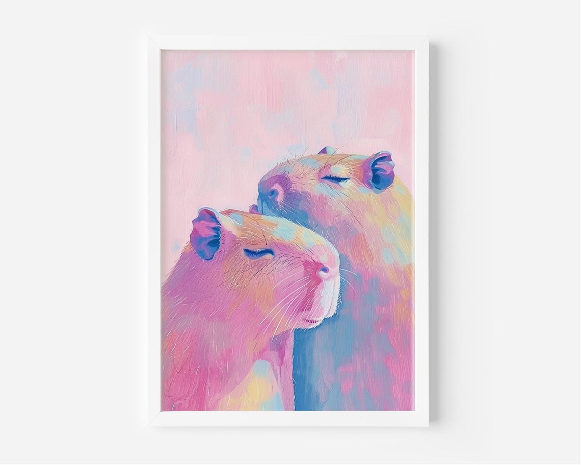 Capybaras In Love Cuddling Soft Pastel Whimsical Animal Wall Art