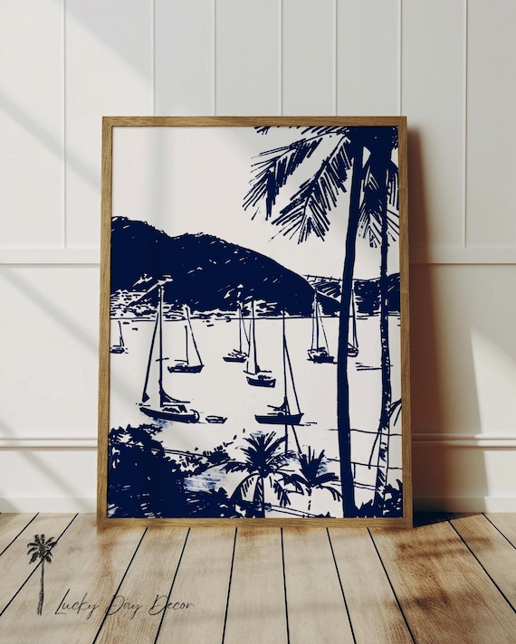 Navy Sailboats Harbor Cove Vintage Nautical Coastal Sketch Print