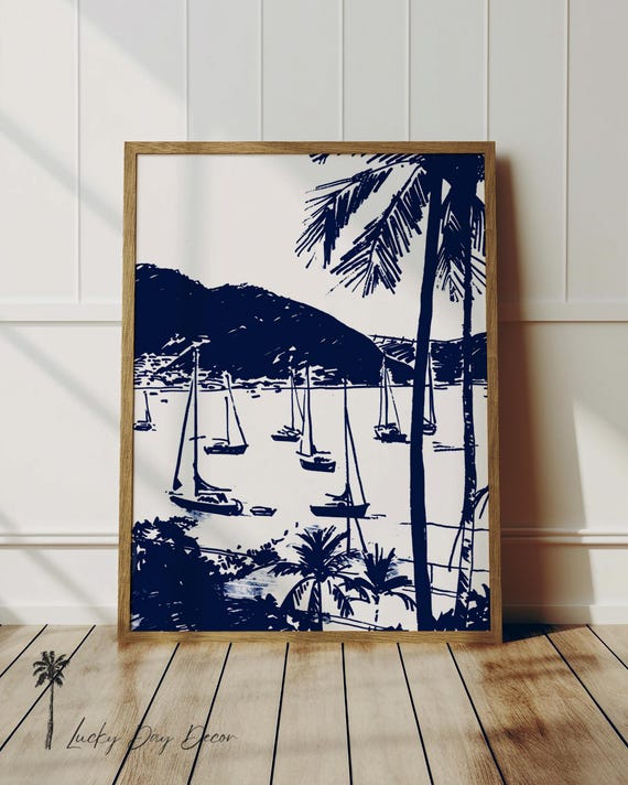 Sailboat Cove Vintage Nautical Beach Art Coastal Bay Sketch Navy Blue Abstract Home Wall Decor Trendy Boat Print