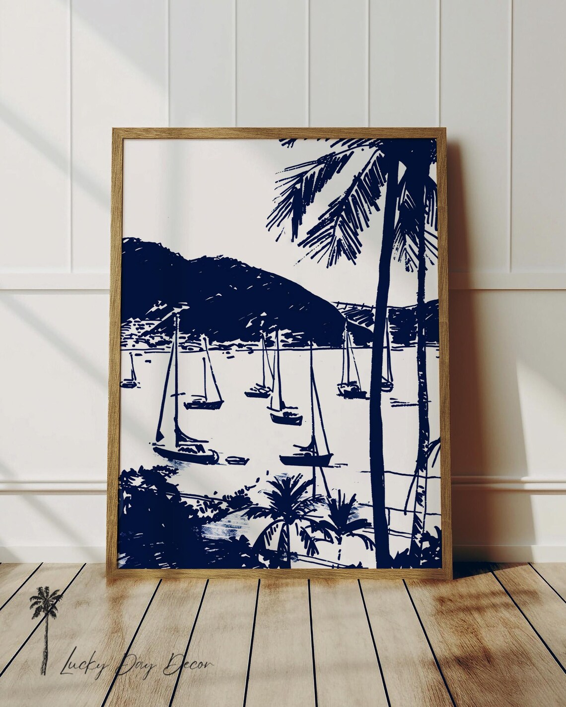 Navy Sailboats Harbor Cove Vintage Nautical Coastal Sketch Print
