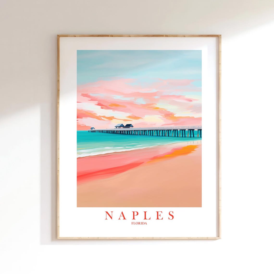 Naples Florida Beach Pier Sunset Coastal Retro Travel Art Poster