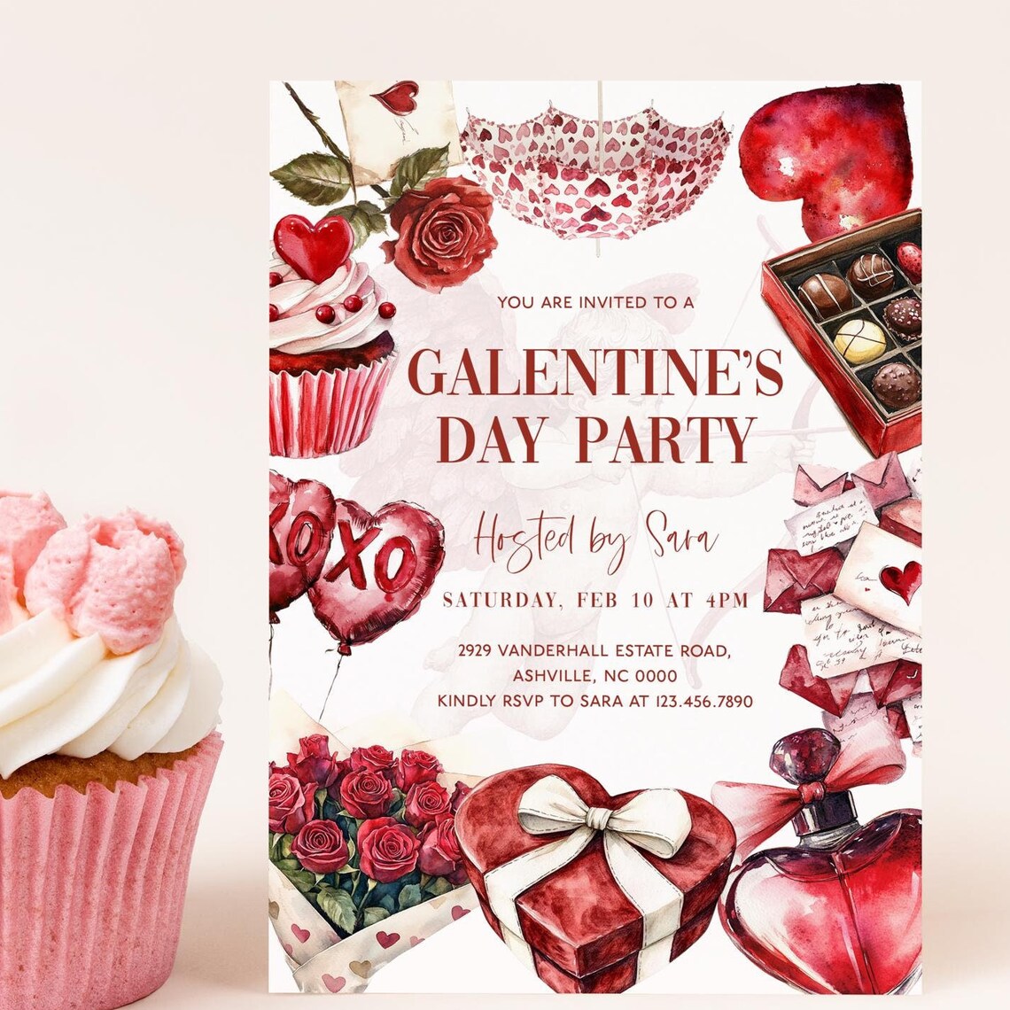 Galentines Day Party Invitation Red Watercolor Collage Template Print