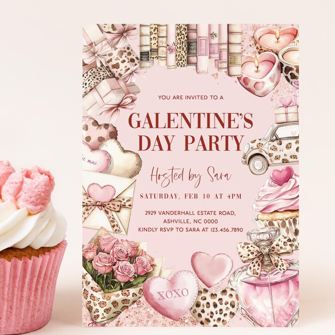 Galentines Day Party Invitation Pink Leopard Girly Fashion Print