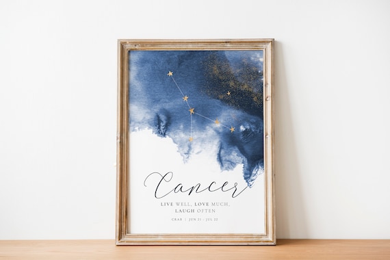 Cancer Horoscope Gold Constellation Deep Blue Night Sky Poster Print