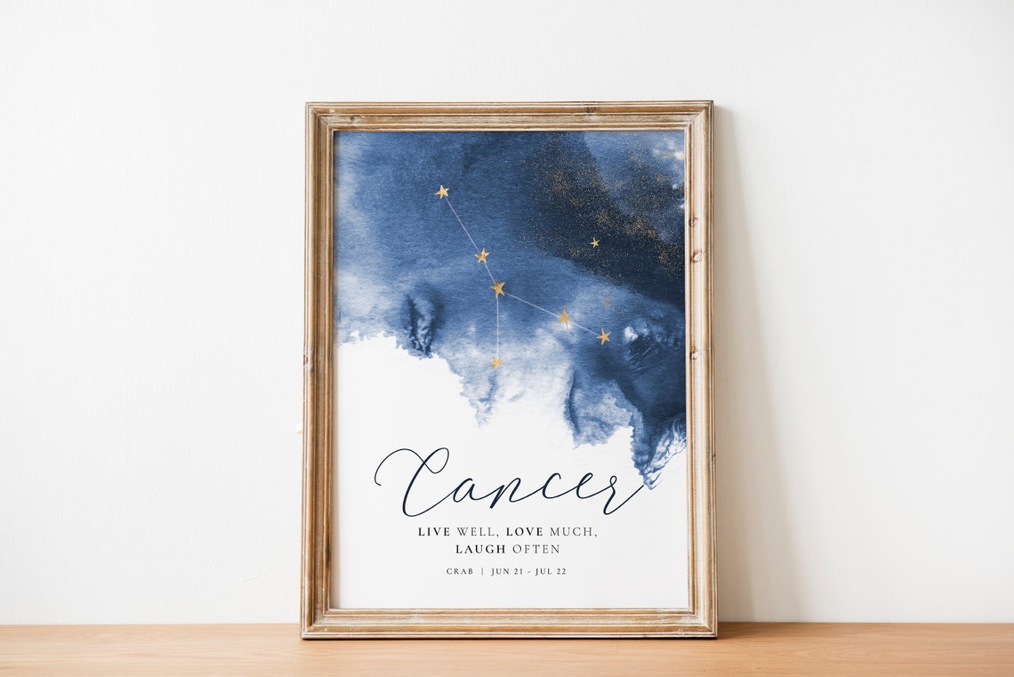 Cancer Zodiac Gold Star Constellation Navy Watercolor Motto Wall Print