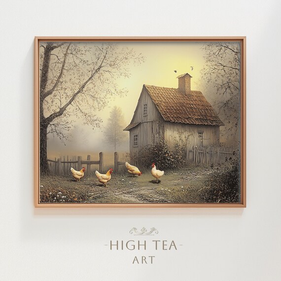 Chickens in Farmyard Vintage Oil Painting Rustic Hen Country Home Print