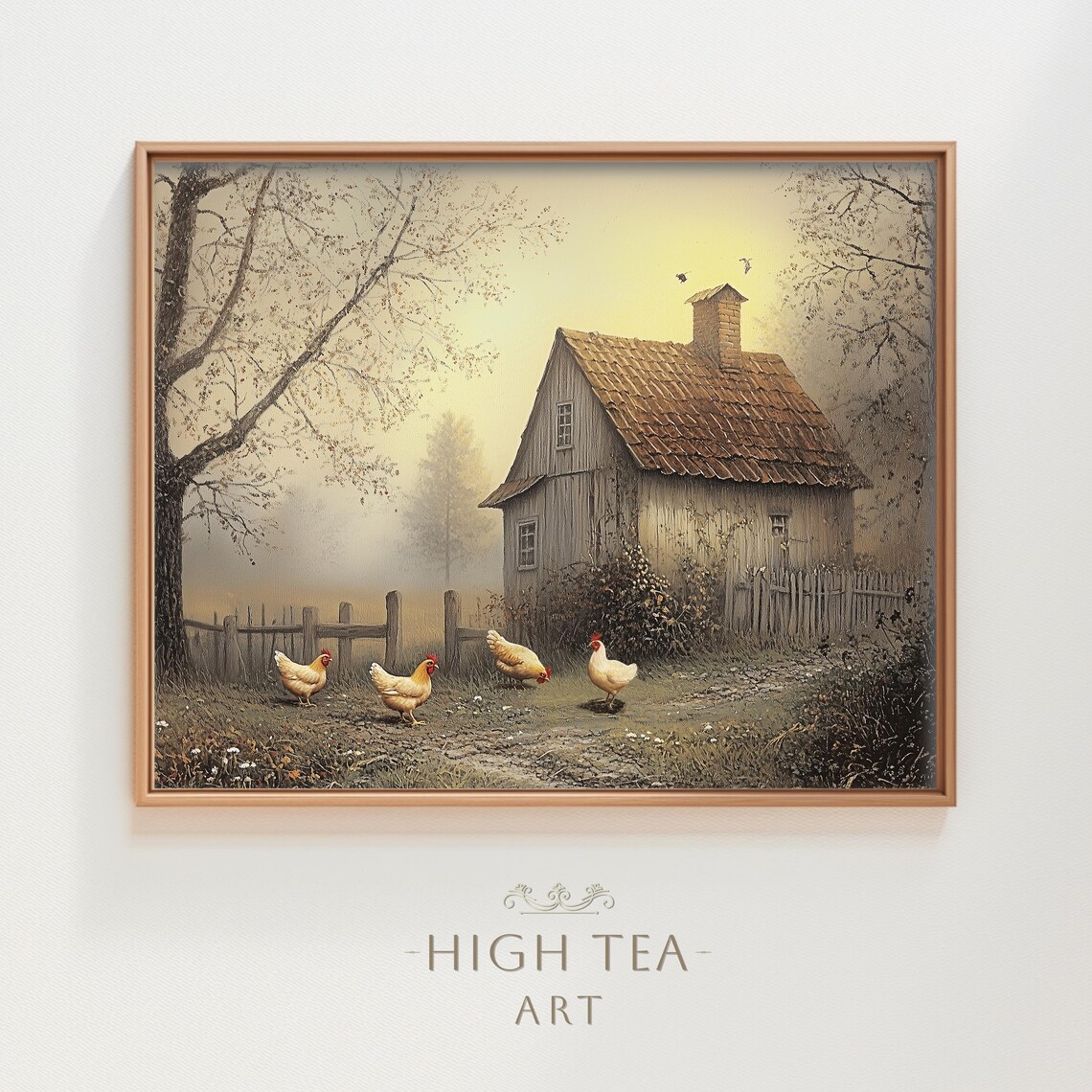 Chickens in Farmyard Vintage Oil Painting Rustic Hen Country Home Print