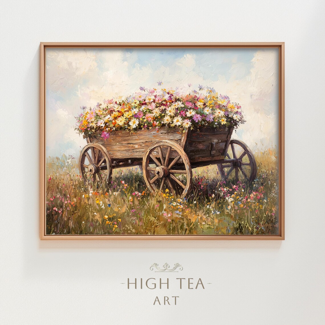 Wildflower Wagon Colorful Spring Meadow Oil Painting Rustic Wall Art