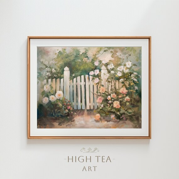 Flowers Garden Picket Fence Oil Painting Art Rustic Vintage Cottage Core Neutral Tones Botanical Charm Hta047