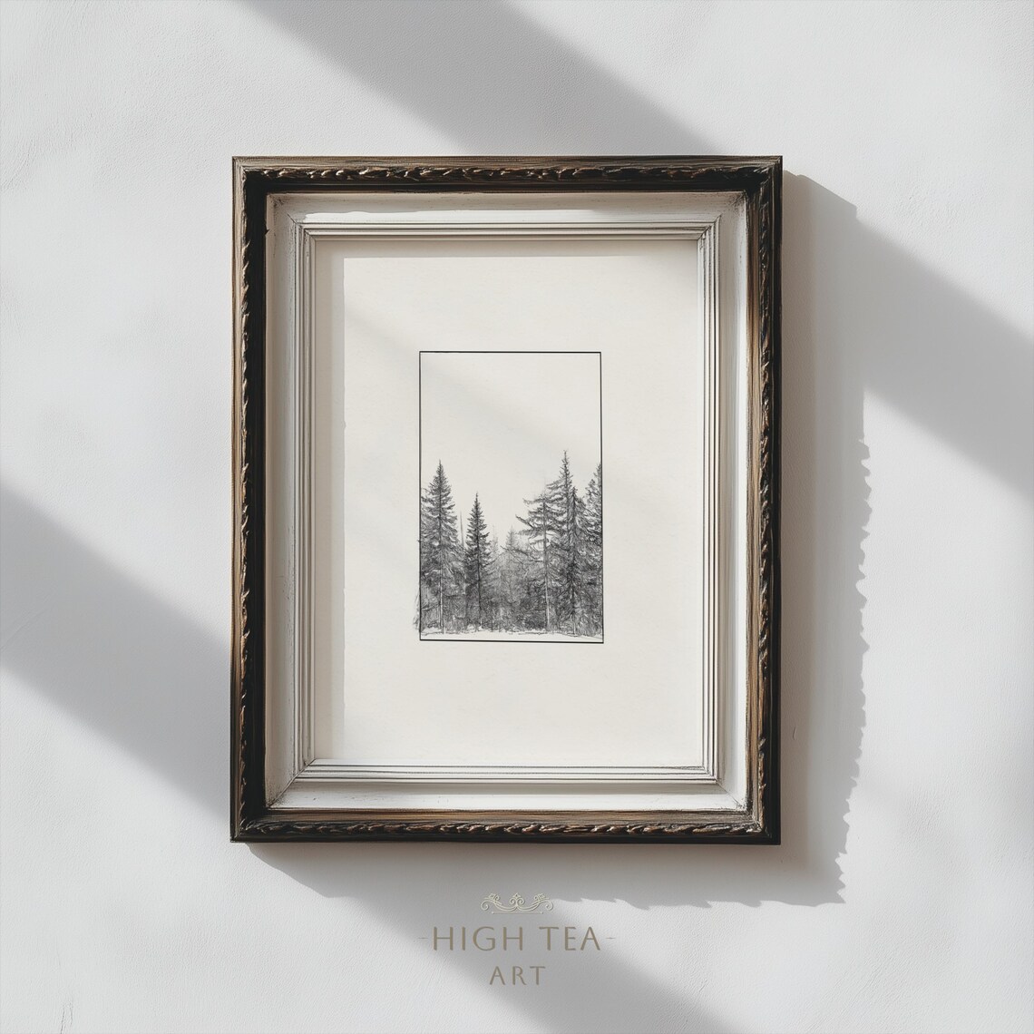 Vintage Forest Pencil Sketch Minimal Pine Trees Illustration Nature Print