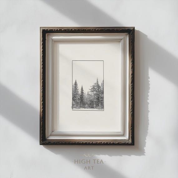 Vintage Forest Pencil Sketch Art Print Minimal Trees Illustration Nature Drawing Wall Decor Hta406