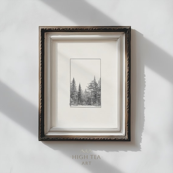 Vintage Forest Pencil Sketch Minimal Pine Trees Illustration Nature Print