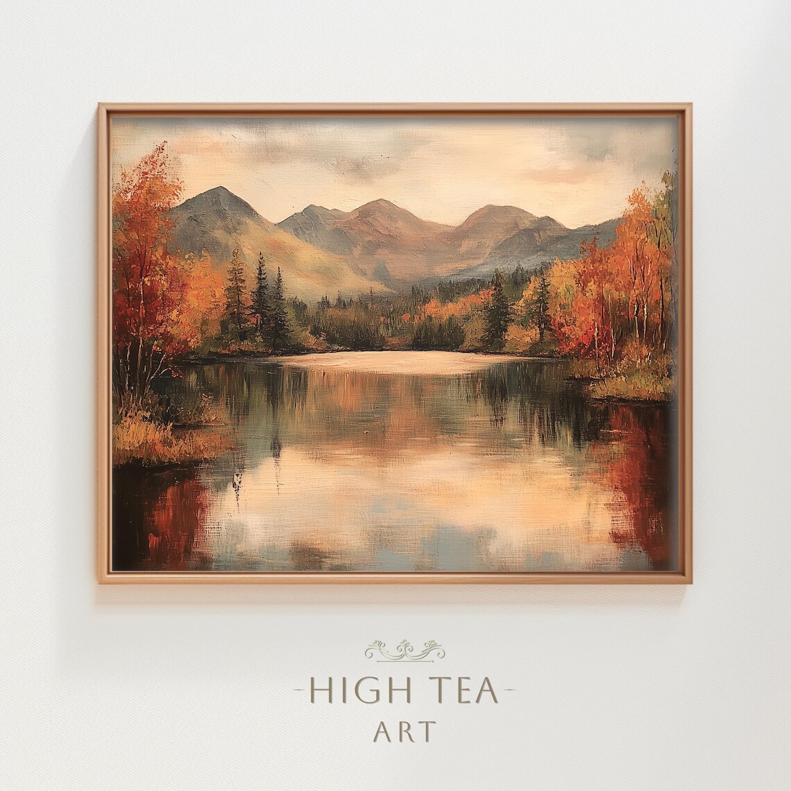 Autumn Lake Mountains Fall Foliage Reflection Vintage Oil Painting Poster