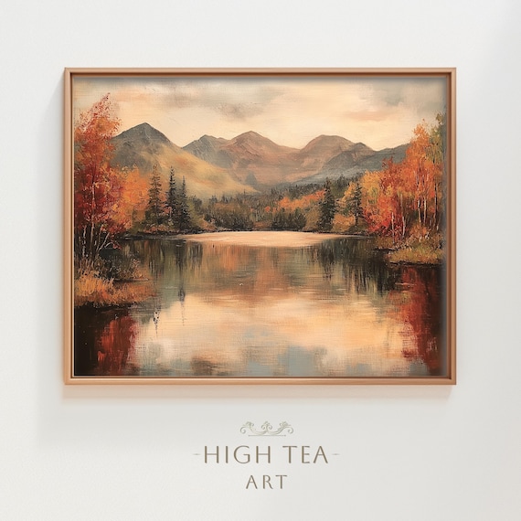 Autumn Lake Mountains Fall Foliage Reflection Vintage Oil Painting Poster