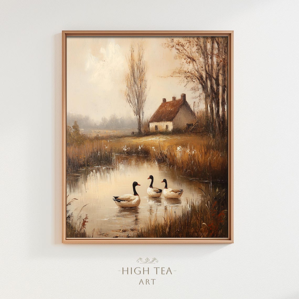 Three Geese Before Country Cottage Marsh Painting Art Poster