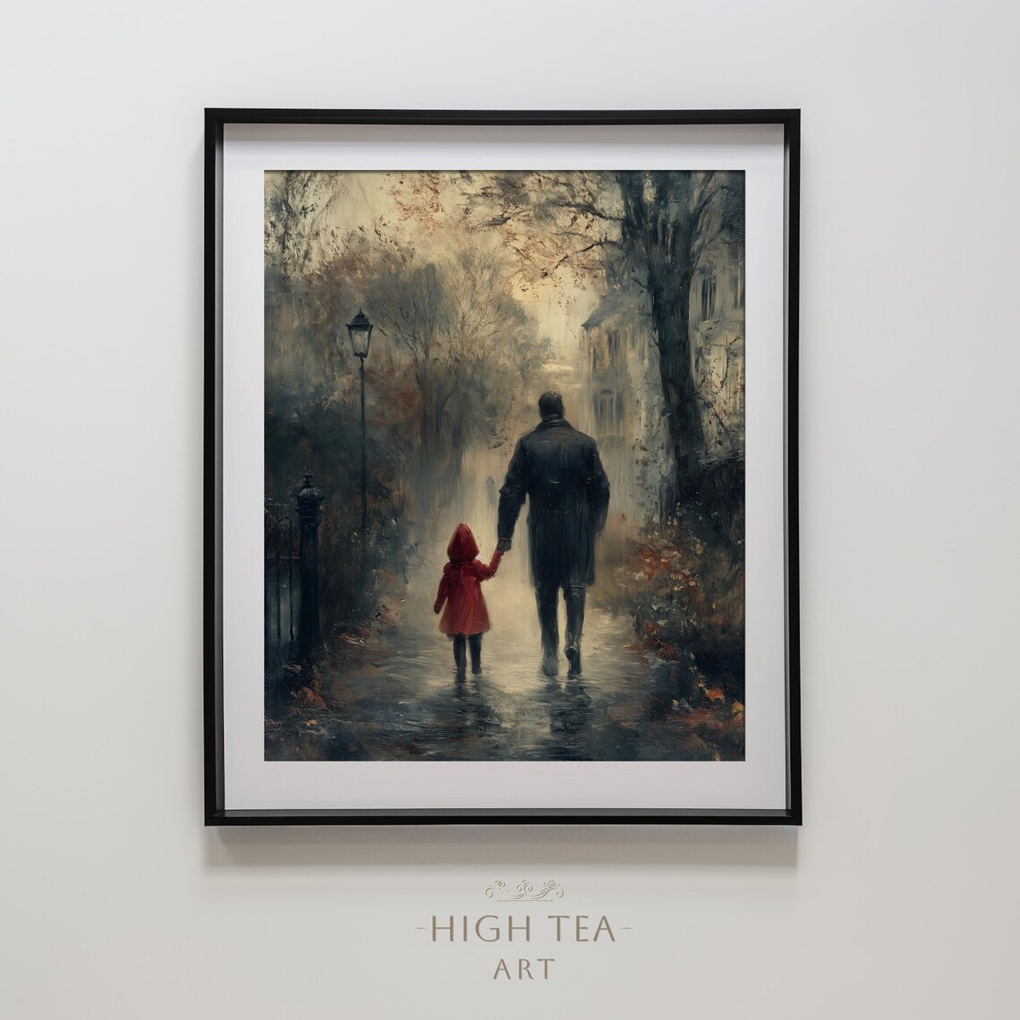 Vintage Father Daughter Red Coat Misty Autumn Walk Art Poster