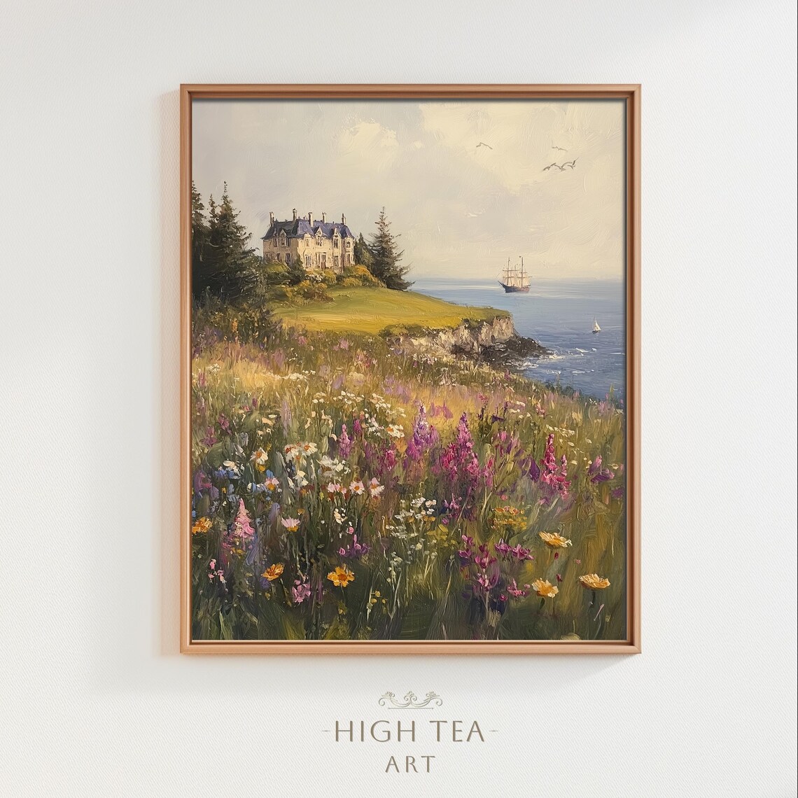 Vintage Old English Manor Edge Cliff Oil Painting Art Print