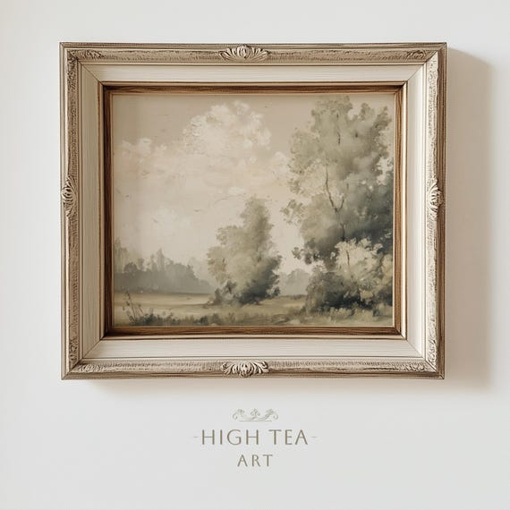 Vintage Moody Nature Oil Painting Art Print Muted Neutral Beige Grey Tones Country Landscape Trees Hta426