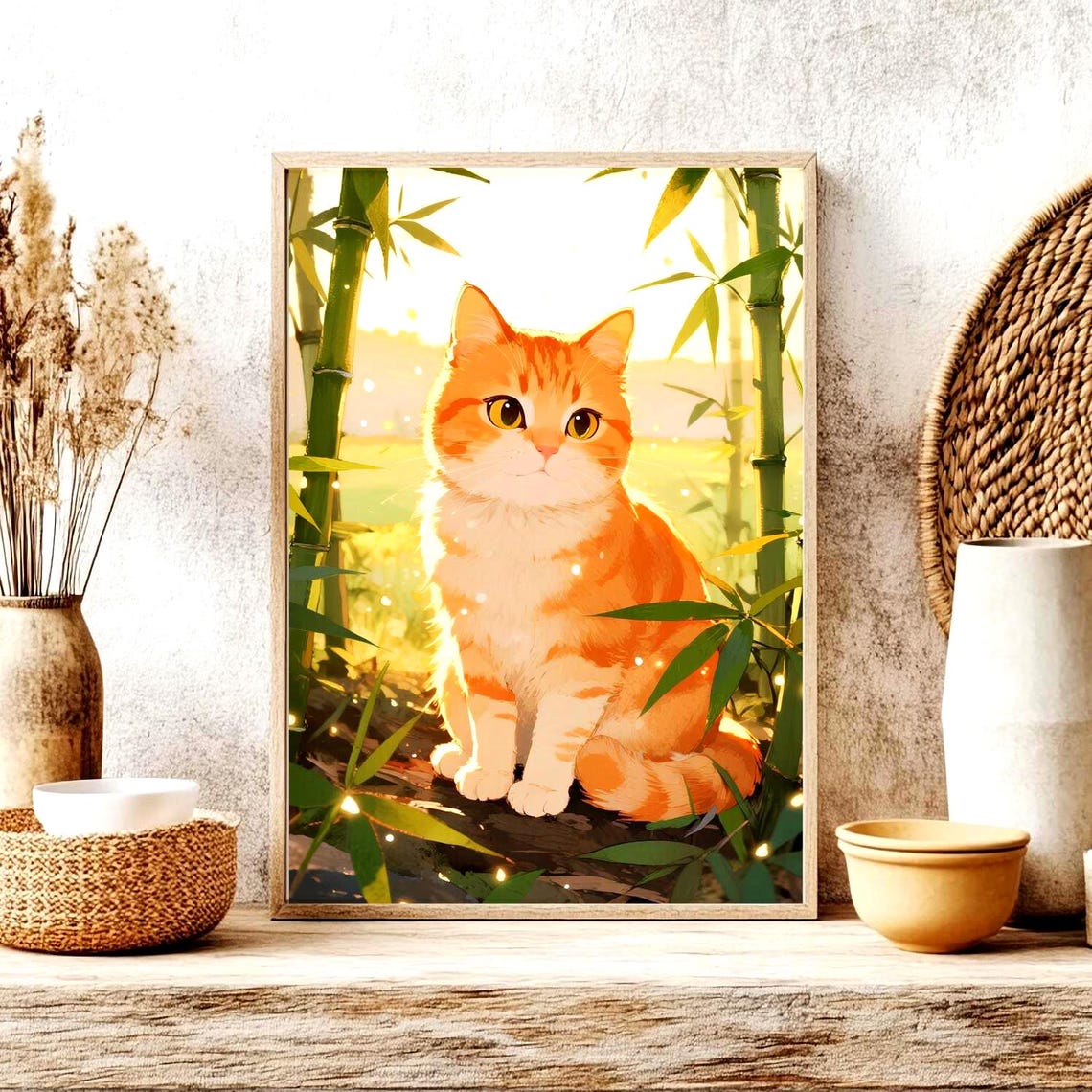 Orange Tabby Cat Sitting in a Sunlit Bamboo Forest Illustration Poster
