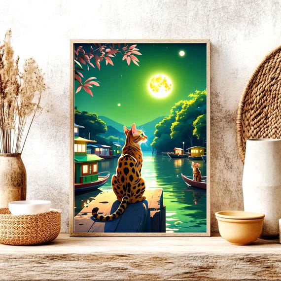 Bengal Cat On Moonlit Dock Overlooking Riverside Village Poster