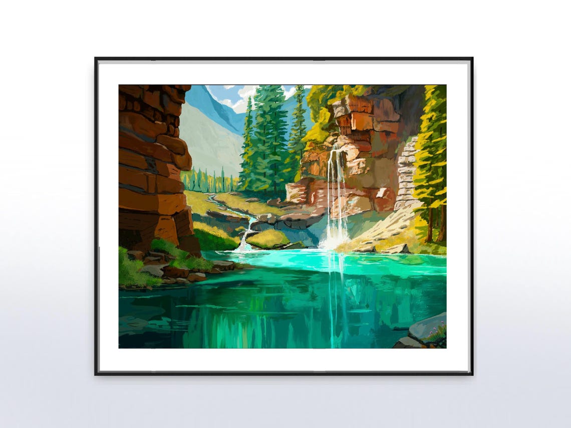 Mountain Lake Waterfall Turquoise Lake Pines Landscape Poster - Image 5