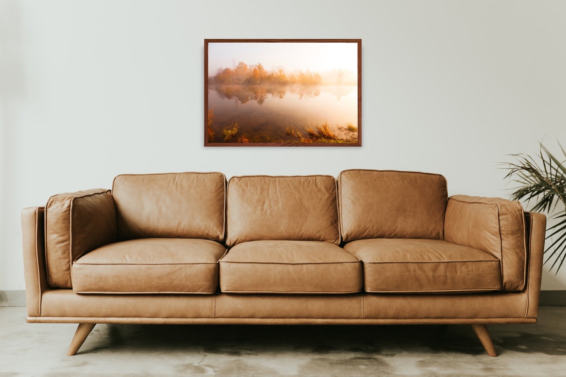 Foggy Autumn Pond with Golden Trees Reflected in Still Water Poster - Image 3