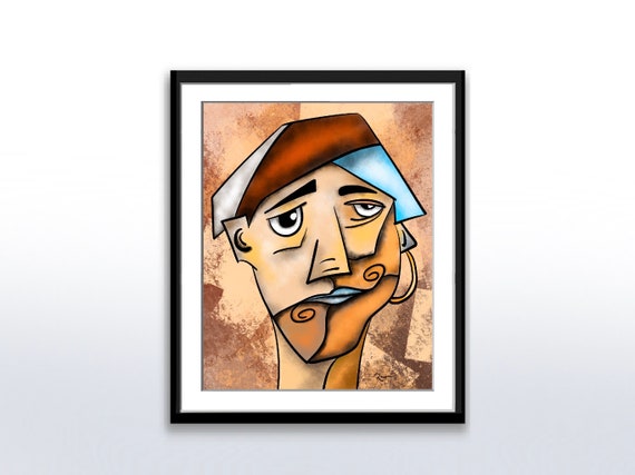 Abstract Portrait Art Cubist Painting Of A Mans Face Wall Art Picasso Style Cubism Instant Print