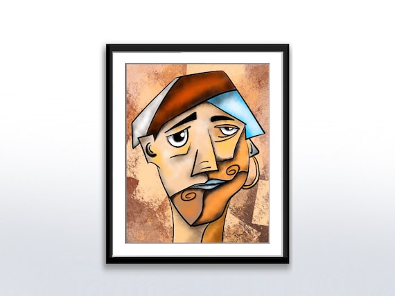 Cubist Mans Face Orange Geometric Fragments Warm Textured Poster
