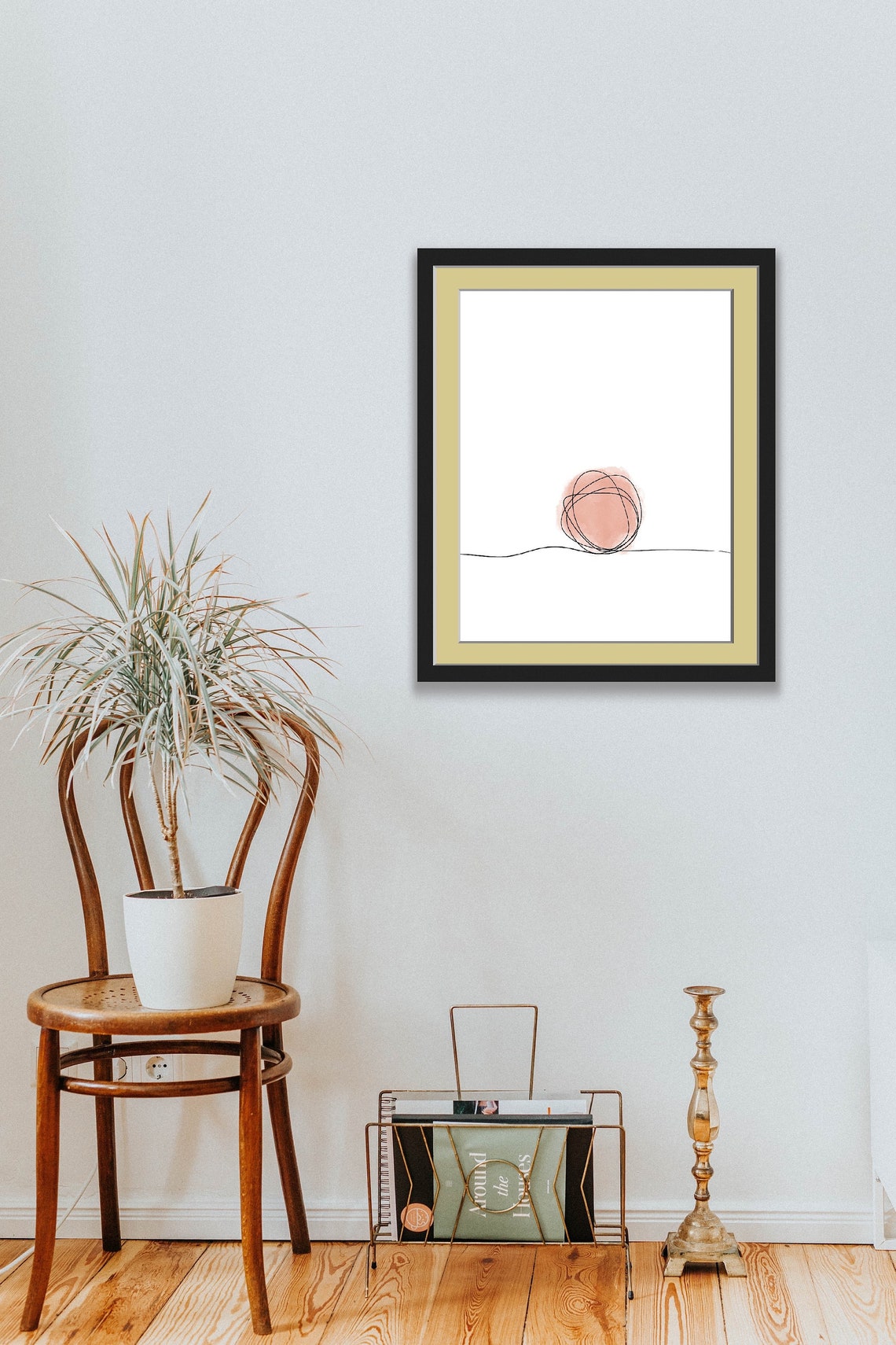 Minimalist Boho Sun Line Drawing Pink Watercolor Circle Poster - Image 2