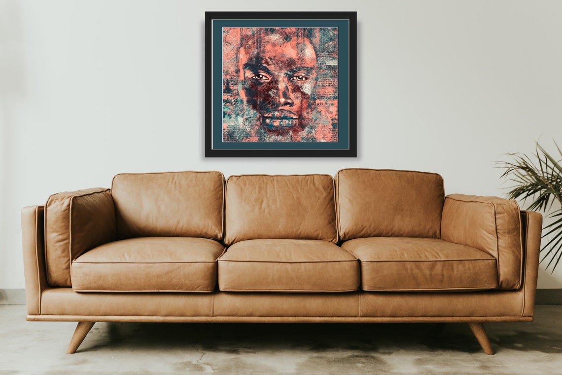 Abstract Mans Face Coral Teal Grunge Texture Portrait Poster - Image 2