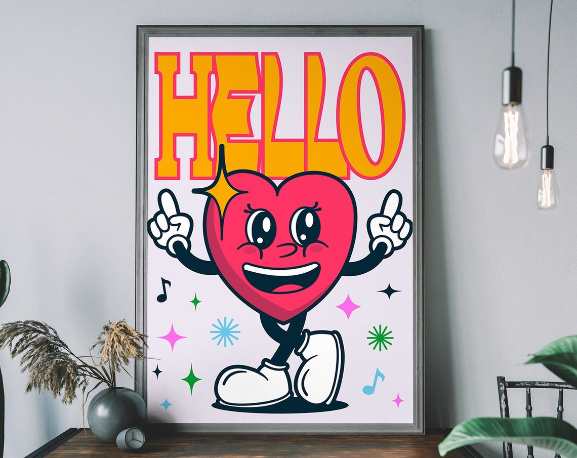 Hello Retro Heart Character Fun Typography Kids Nursery Art Poster