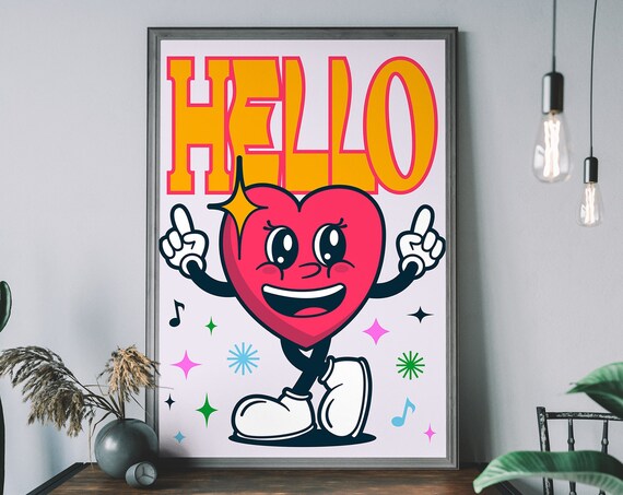 Hello Retro Heart Character Fun Typography Kids Nursery Art Poster