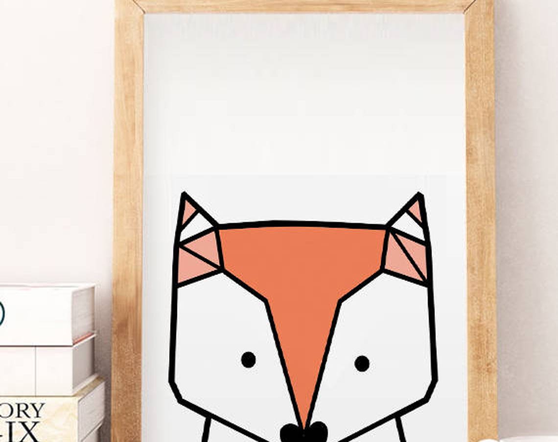 Geometric Fox Orange Modern Minimal Line Art Nursery Wall Poster