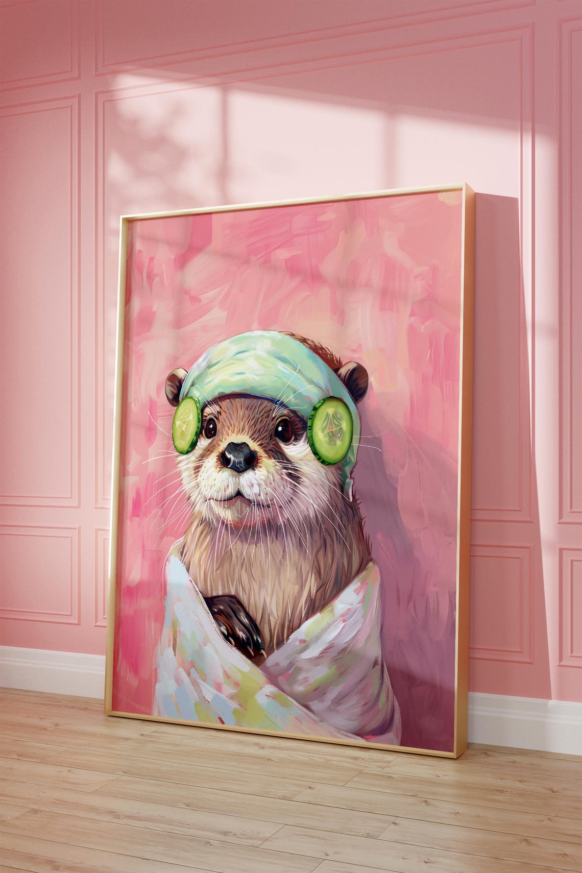 Relaxed Otter Spa Day With Cucumber Eyes Pink Background Poster