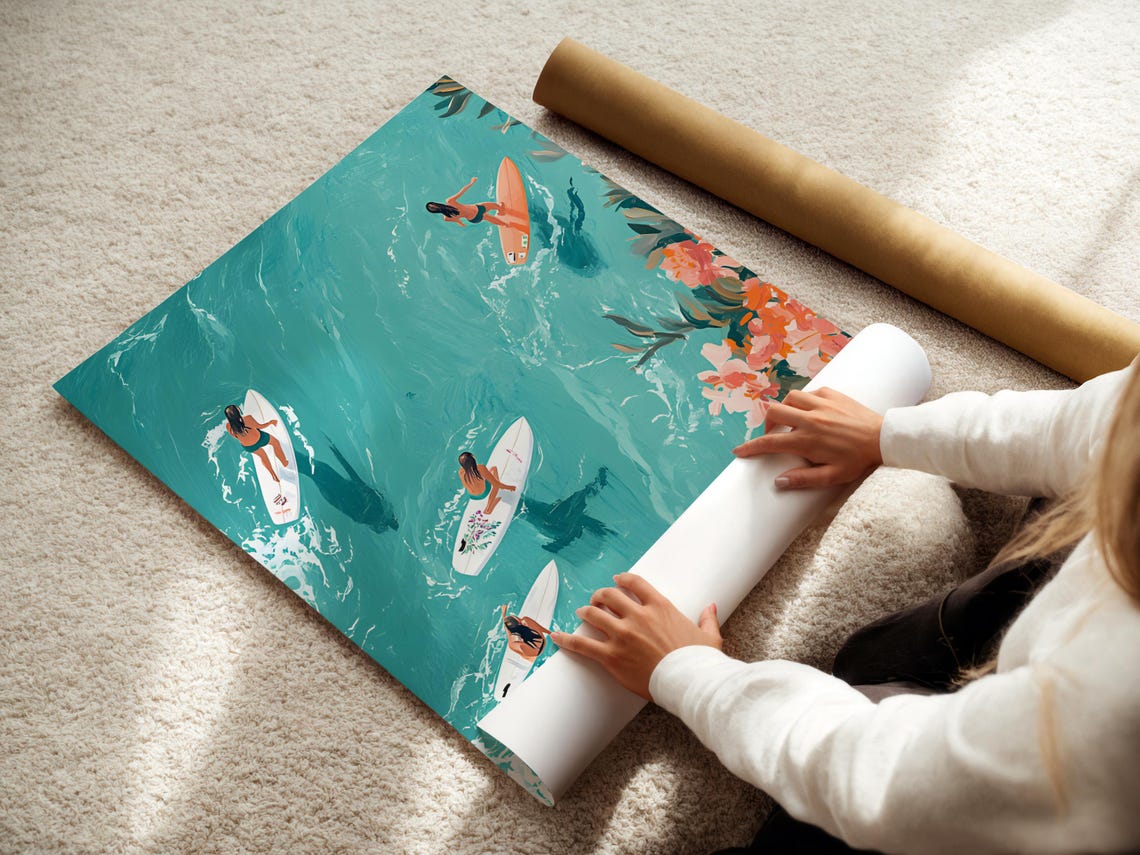 Surfer Girls Painting Aerial Surfers Wall Art Surfers Print Aerial Beach Prints Aerial Ocean Wall Decor Wave Print Coastal Wall Art - Image 2