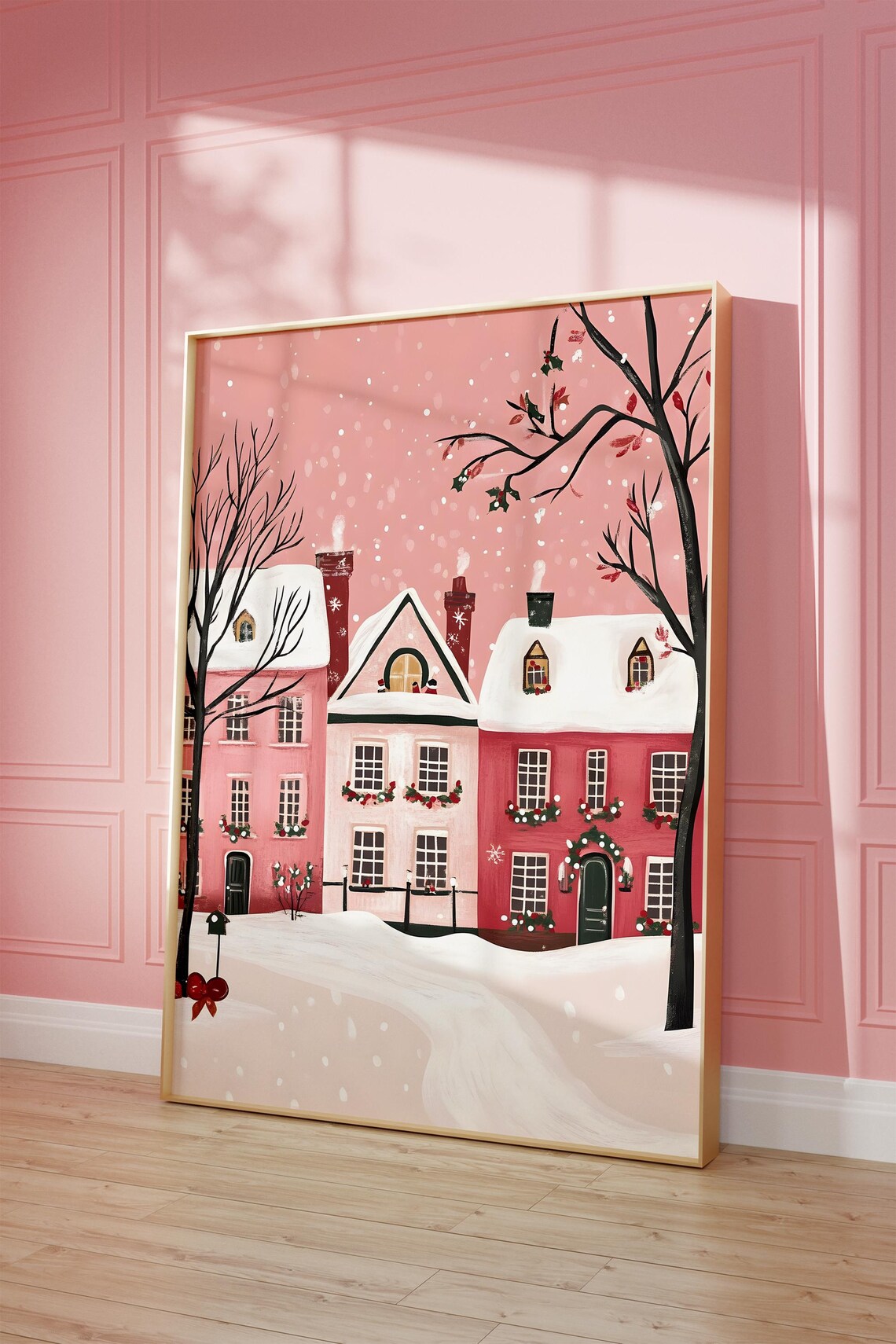Pink Winter Village Snowy Houses Christmas Pastel Holiday Poster