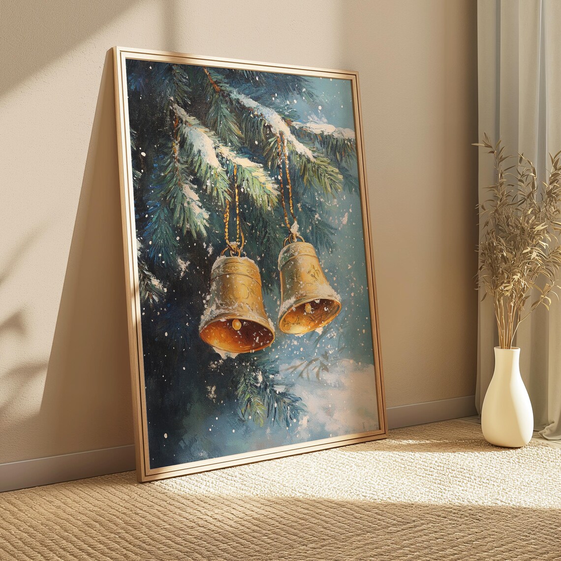 Golden Christmas Bells on Snowy Pine Branch Vintage Holiday Poster - Image 3