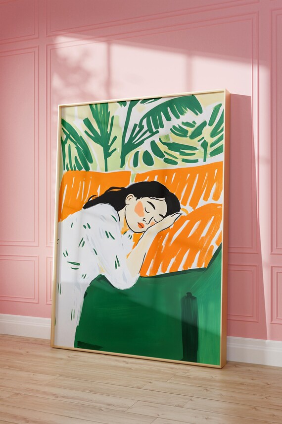 Green Orange Abstract People Large Wall Art Contemporary Print Minimalist Print Living Room Wall Art Stripe Woman Print