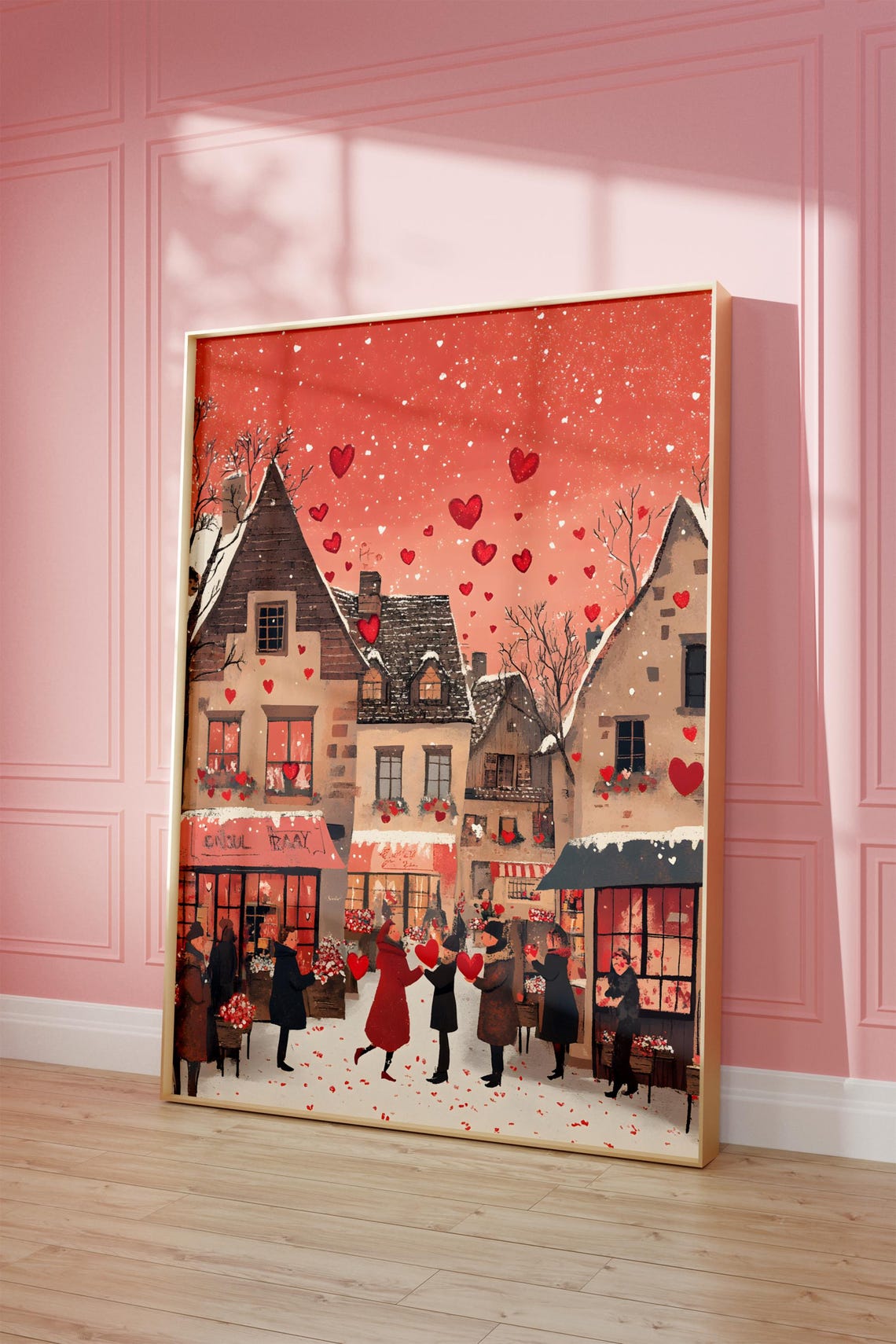 Red Evening Valentine Village Square Falling Hearts Romantic Poster