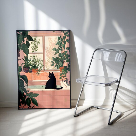 Black Cat On Pink Bathtub Surrounded By Lush Green Plants Poster